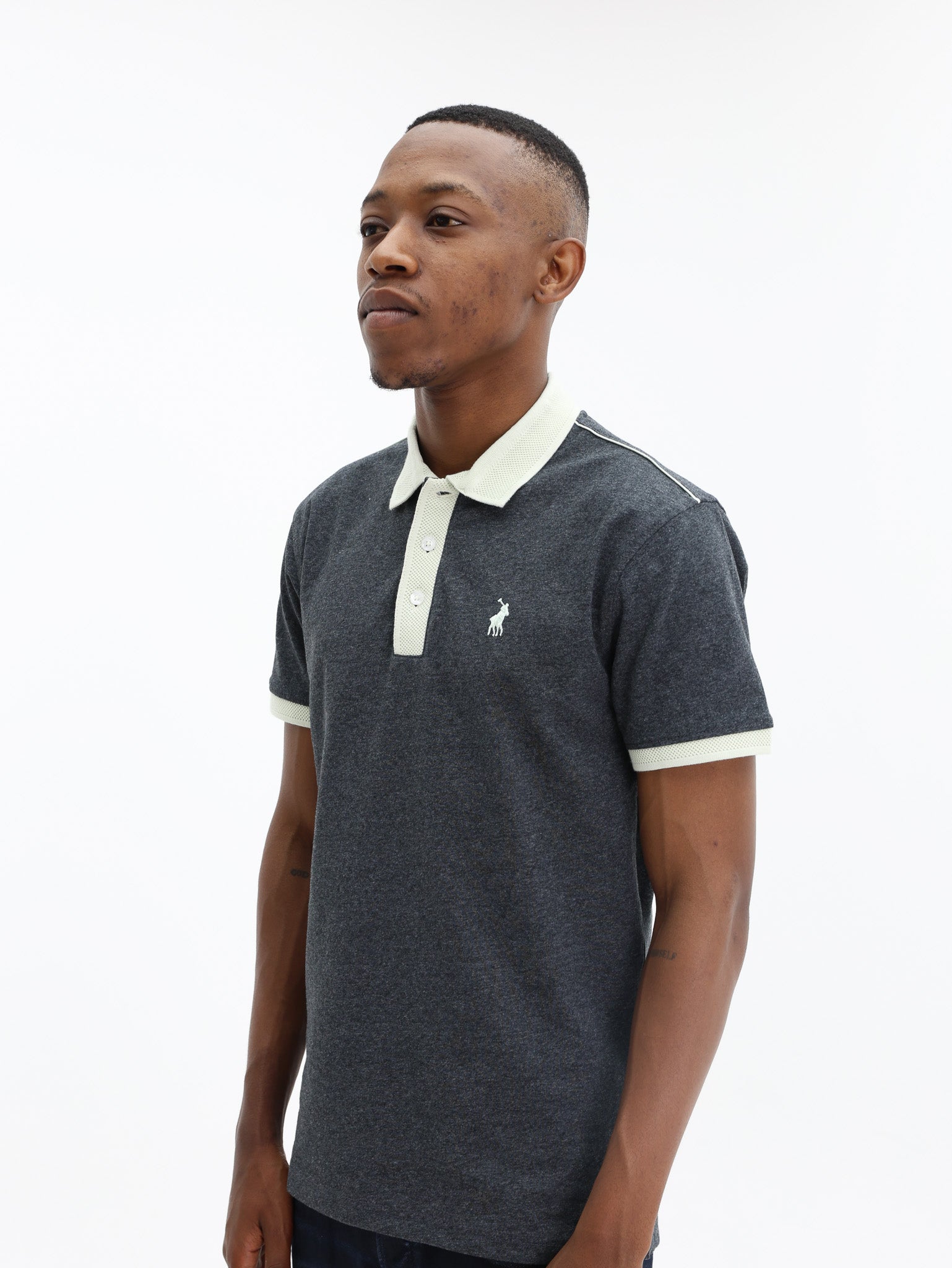 Polo Golfer Contrast Collar Piping Charcoal Melange